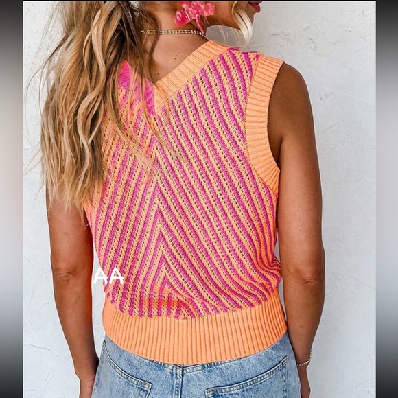 Cozy Boho Colorblock Sleeveless Knit Sweater Top Pink Orange - Picture 2 of 6